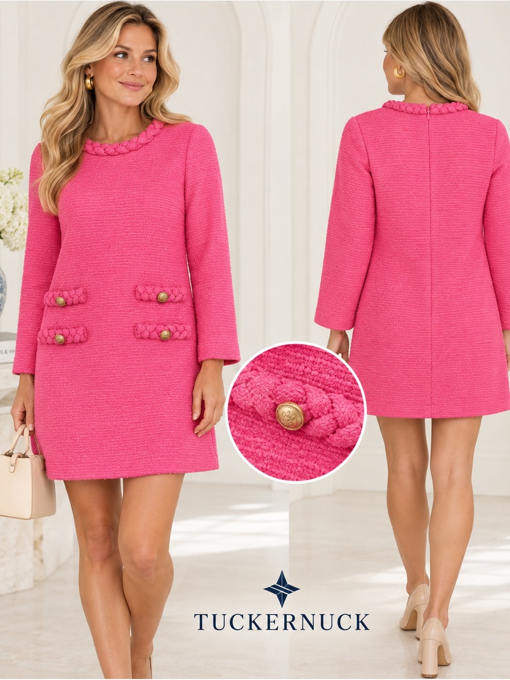 Tuckernuck Pink Braided Trim Tweed Shift Dress Gold Buttons Size M NWT